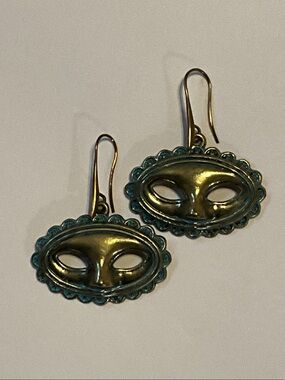 Teal Patina Masquerade Mask Drop Earrings